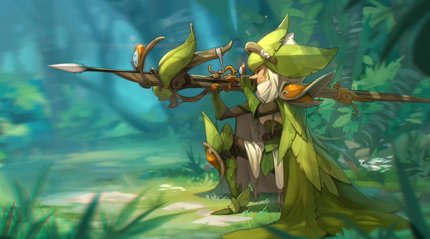 absurdres, aiming, bow_(weapon), crossbow, dofus, forest, gloves, green_gloves