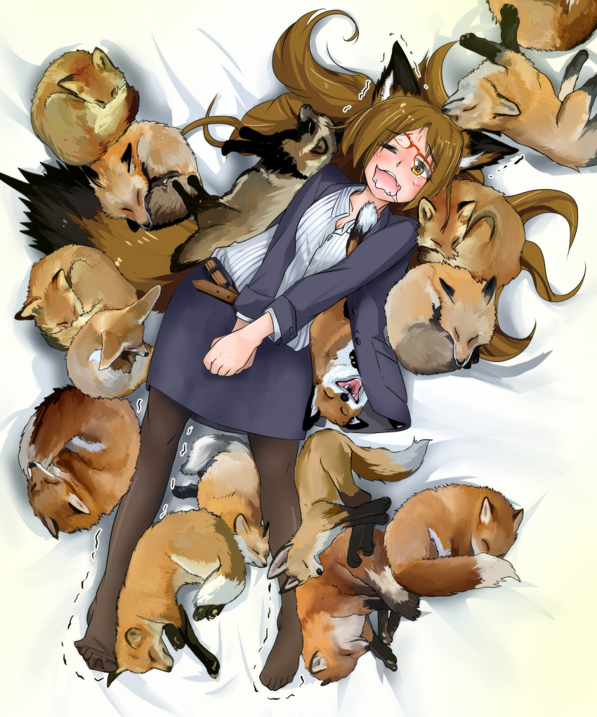 1girl, animal, animal_ears, animal_in_clothes, bed, bed_sheet, belt, blue_jacket, blue_skirt, blush, breast_squeeze, breasts, brown_belt, brown_hair, brown_legwear, cleavage, closed_eyes, doitsuken, dress_shirt, drooling, flustered, fox, fox_ears, fox_girl, fox_tail, from_above, glasses, glasses_removed, highres, jacket, long_hair, long_sleeves, looking_at_viewer, lying, medium_breasts, motion_lines, no_shoes, on_back, on_bed, one_eye_closed, open_clothes, open_jacket, open_mouth, original, pantyhose, pencil_skirt, saliva, shirt, skirt, sleeping, striped, striped_shirt, tail, too_many_foxes, trembling, vertical_stripes, white_shirt, yellow_eyes