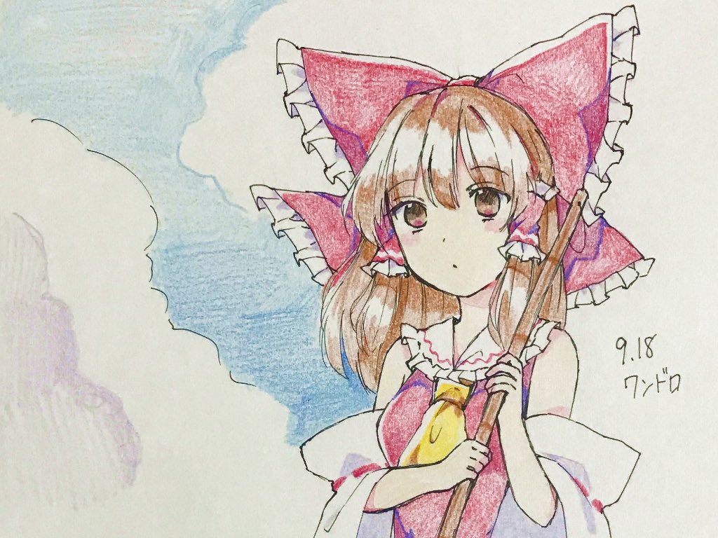 1girl, ascot, bare_shoulders, blouse, blush, bow, breasts, broom