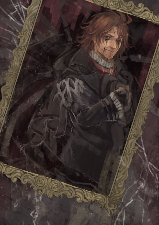 1boy, ardyn_izunia, black_wings, broken_glass, facial_hair, final_fantasy, final_fantasy_xv, glass
