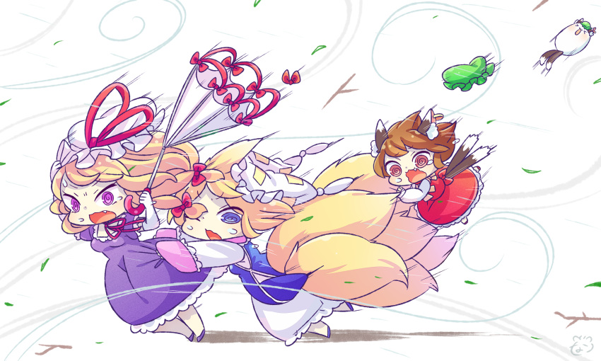 >_<, 3girls, @_@, animal_ears, blonde_hair, blue_eyes, bow, branch