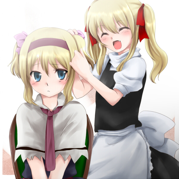 2girls, :<, alice_margatroid, alternate_hairstyle, bad_id, blush, capelet, closed_eyes
