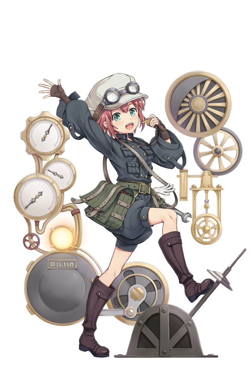 1girl, :d, aqua_eyes, belt, boots, brown_boots, brown_gloves, fingerless_gloves