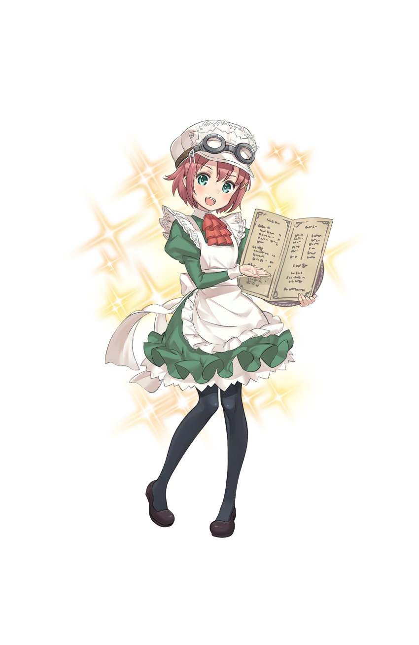 1girl, :d, aqua_eyes, black_shoes, dress, full_body, goggles, goggles_on_headwear