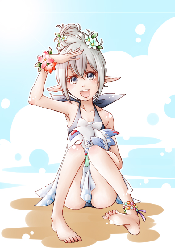 1girl, beach, ebi_puri_(ebi-ebi), fire_emblem, fire_emblem_if, flower, grey_eyes, grey_hair