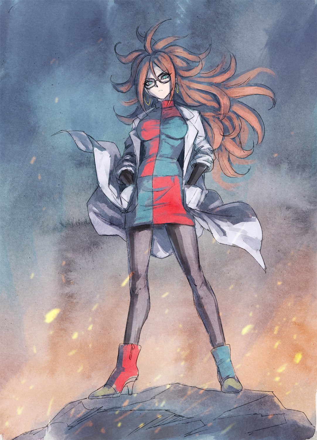 1girl, android_21, brown_hair, dragon_ball_fighterz, earrings, fire, fujii_eishun, glasses