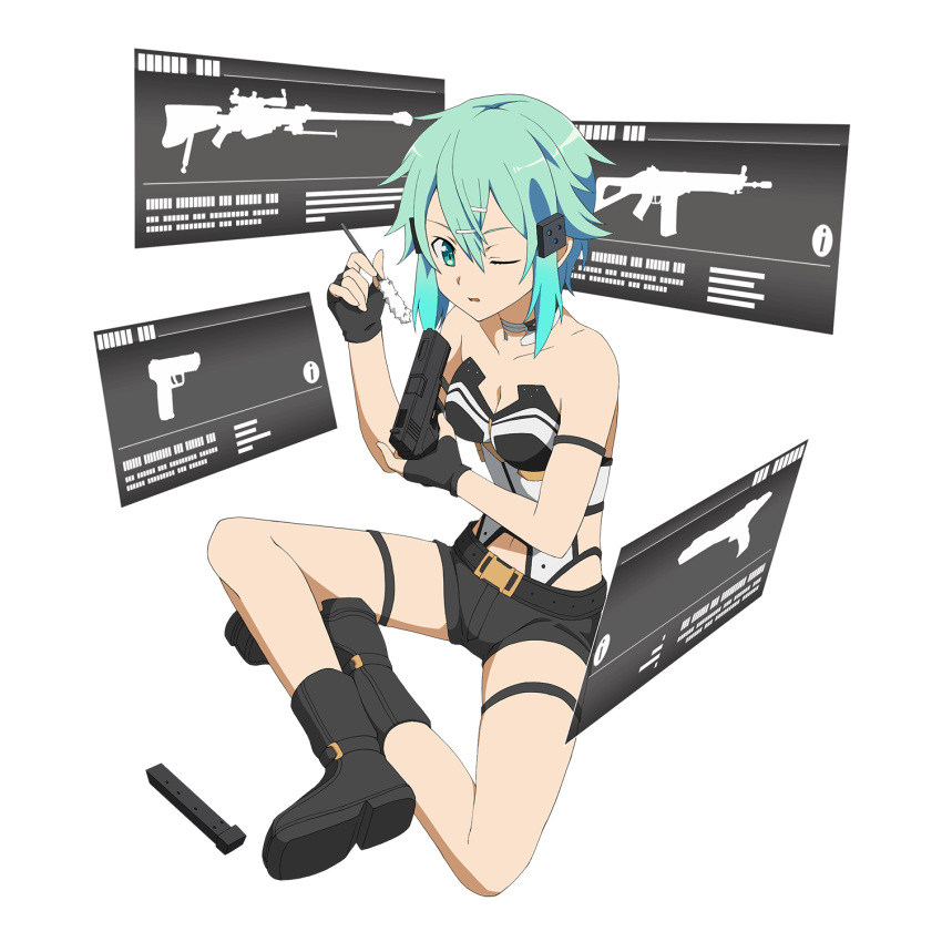 1girl, aqua_eyes, aqua_hair, boots, breasts, choker, cleavage, clip_(weapon)