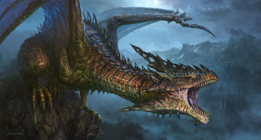 claws, clouds, cloudy_sky, dragon, dragon_wings, fog, highres, k-takano
