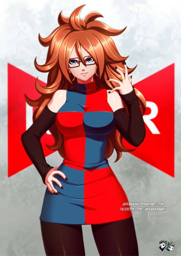 1girl, android_21, arm_warmers, black-framed_eyewear, blue_eyes, dragon_ball_fighterz, dress, glasses, grin, hand_on_hip, jadenkaiba, jewelry, looking_at_viewer, multicolored, multicolored_clothes, multicolored_dress, nail_polish, pantyhose, red_ribbon_army, redhead, ring, smile, solo
