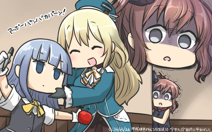 3girls, :d, ^_^, ^o^, apple, atago_(kantai_collection), beret, black_dress