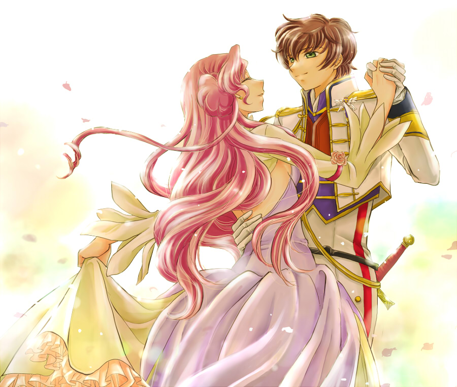 closed_eyes, code_geass, dancing, dress, euphemia_li_britannia, green_eyes, kururugi_suzaku, long_hair