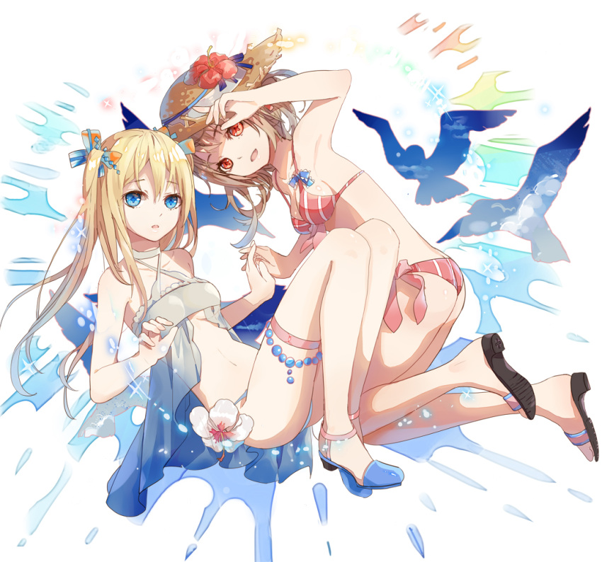 2girls, arm_up, ass, babydoll, bangs, bikini, bird, blonde_hair