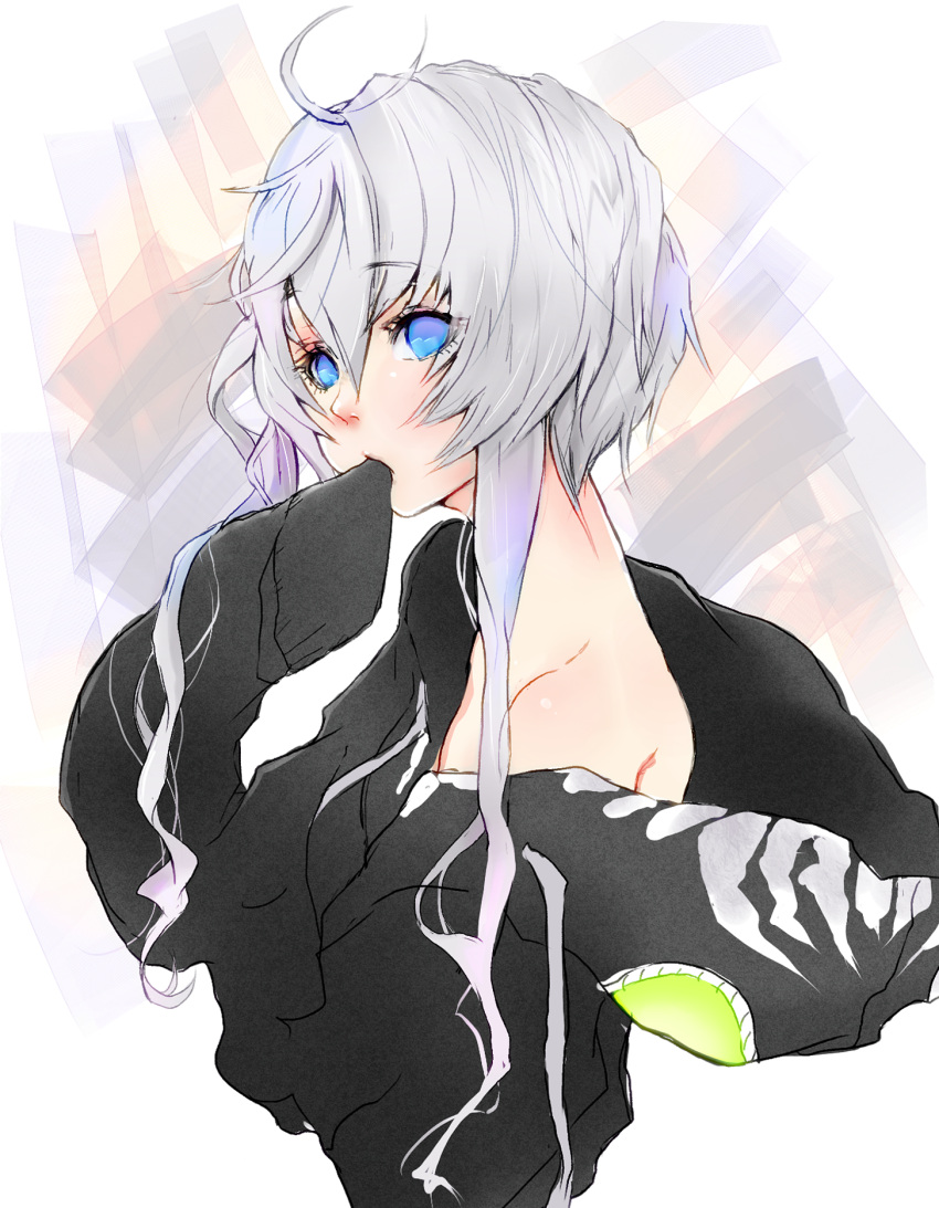1girl, ahoge, bare_shoulders, blue_eyes, clothes_in_mouth, hair_between_eyes, highres, kantai_collection