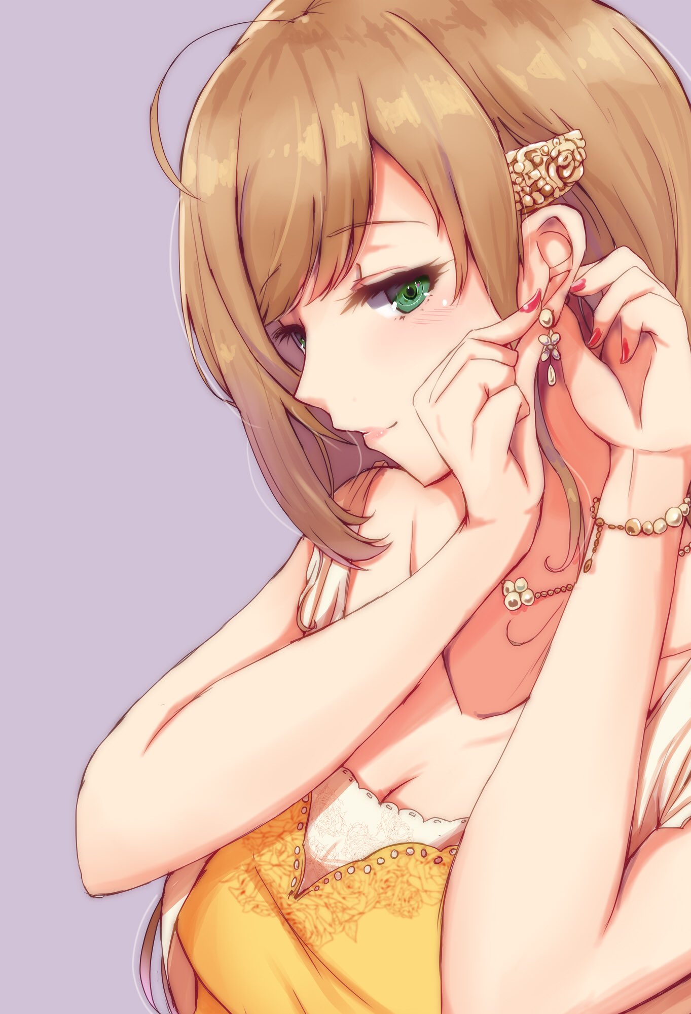 1girl, adjusting_earrings, ahoge, blonde_hair, blush, breasts, cleavage, dress