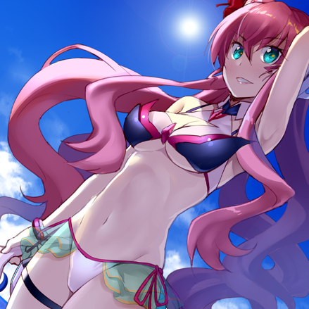 1girl, arm_behind_head, blue_eyes, breasts, chikugen_shiina, commentary_request, dutch_angle, groin, large_breasts, long_hair, lowres, maria_cadenzavna_eve, navel, pink_hair, senki_zesshou_symphogear, solo, swimsuit, under_boob, very_long_hair