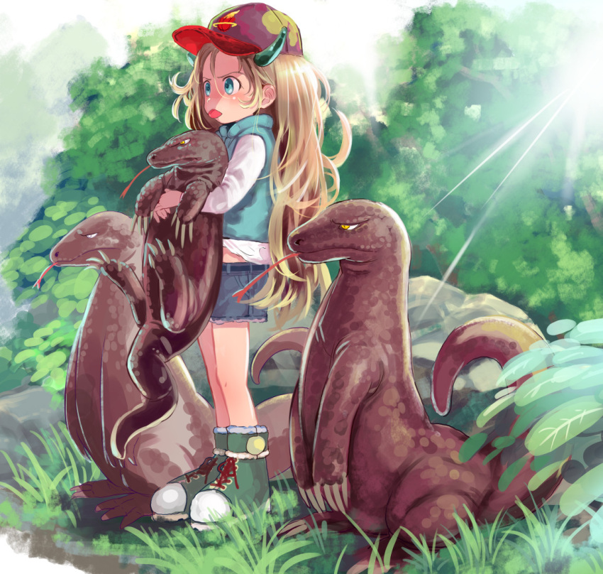 1girl, :p, animal, blonde_hair, blue_eyes, boots, bosako_(haguhagu), cap