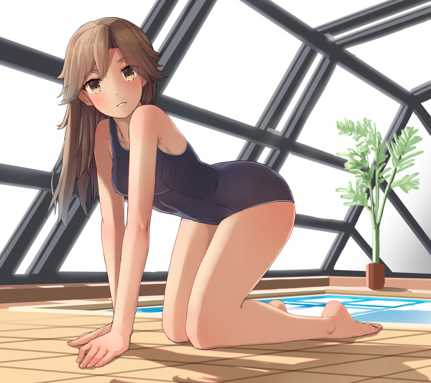 1girl, absurdres, all_fours, arashio_(kantai_collection), arm_support, barefoot, blue_swimsuit, brown_eyes