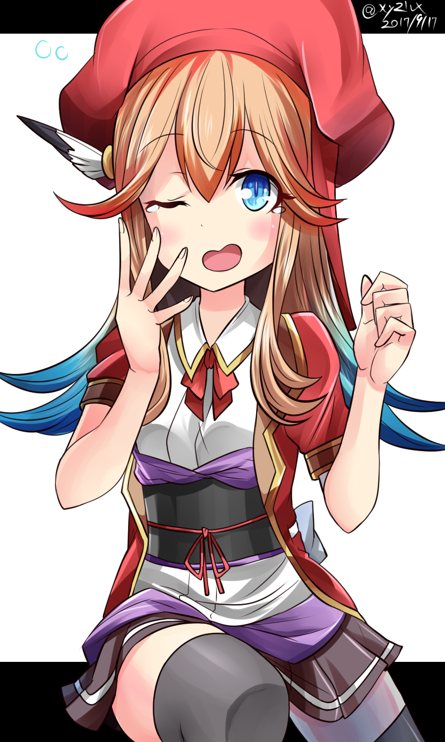 1girl, ;o, blue_eyes, cowboy_shot, dated, flipped_hair, fukuoka_(oshiro_project), hat