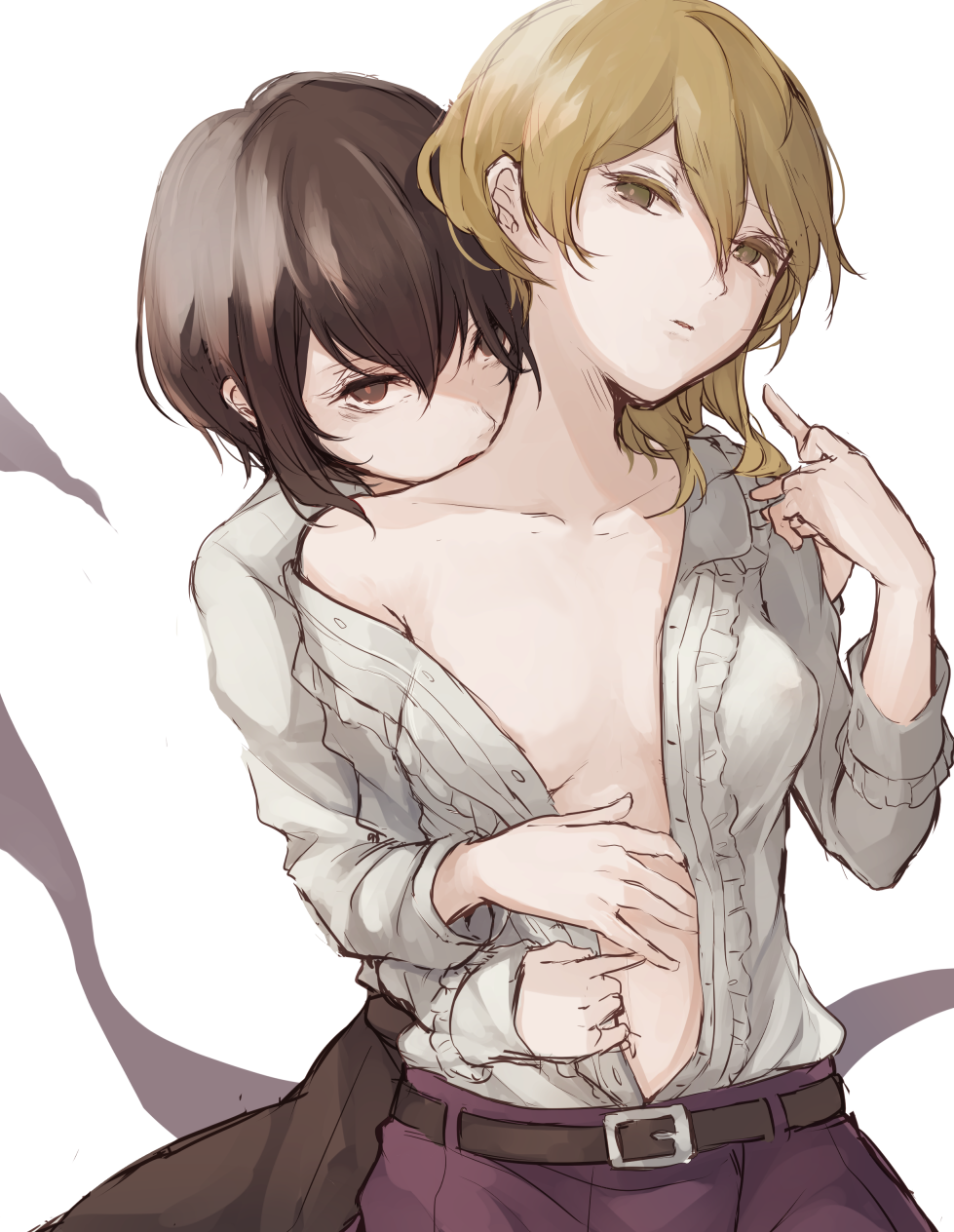 2girls, bangs, bare_shoulders, belt, belt_buckle, blonde_hair, breasts, brown_eyes, brown_hair, brown_skirt, buckle, center_frills, collarbone, expressionless, eyebrows_visible_through_hair, eyelashes, frills, gensou_aporo, grey_shirt, hair_between_eyes, half-closed_eyes, hand_holding, hand_on_another's_stomach, head_tilt, highres, imminent_bite, long_sleeves, looking_at_viewer, maribel_hearn, medium_breasts, multiple_girls, navel, no_bra, off_shoulder, open_clothes, open_mouth, open_shirt, pants, parted_lips, purple_pants, shirt, short_hair, sketch, skirt, stomach, touhou, unbuttoned, unbuttoned_shirt, upper_body, usami_renko, yuri