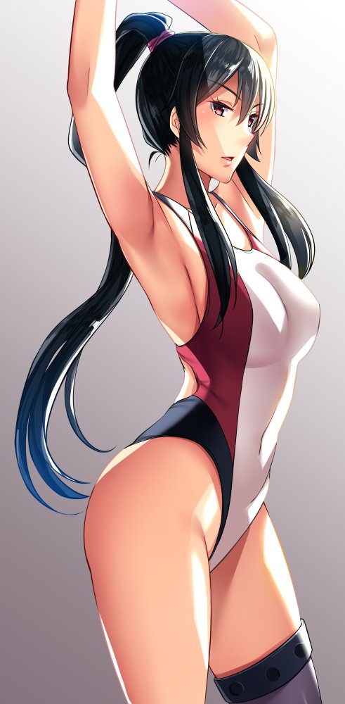 1girl, arms_up, black_hair, breasts, competition_swimsuit, cowboy_shot, female, gradient