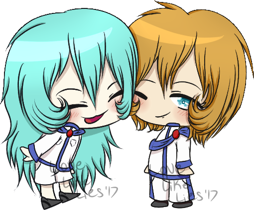 1boy, 1girl, blue_eyes, blue_hair, blush, brown_hair, chibi, closed_eyes, l0velikelies, nuzzle, orange_hair