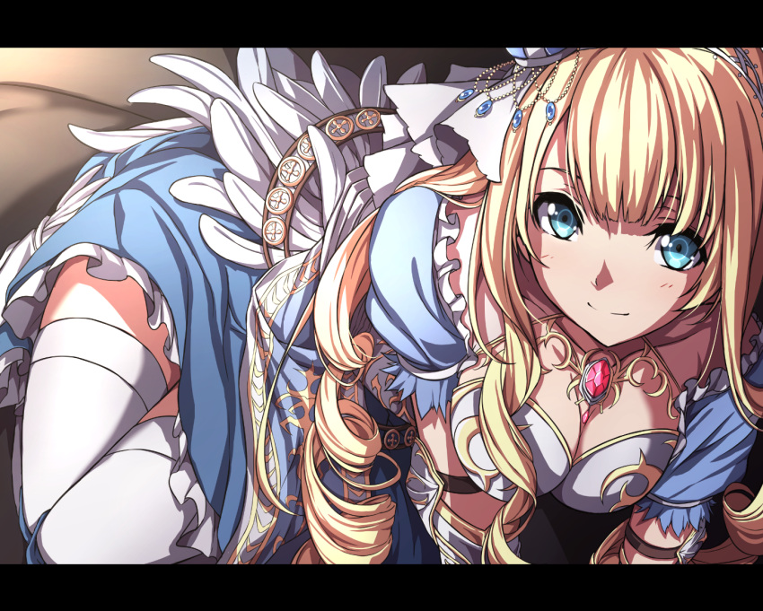 1girl, blonde_hair, blue_dress, blue_eyes, breasts, cleavage, crown, dress, eunice_yates, kanpani_girls, large_breasts, looking_at_viewer, mini_crown, sblack, smile, solo, thigh-highs, white_legwear