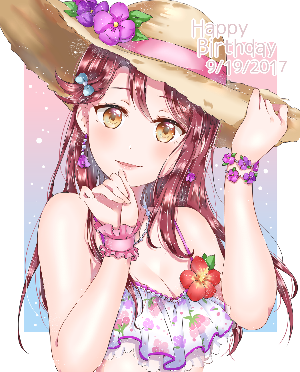 1girl, bikini, bow, breasts, brown_eyes, cleavage, corsage, dated