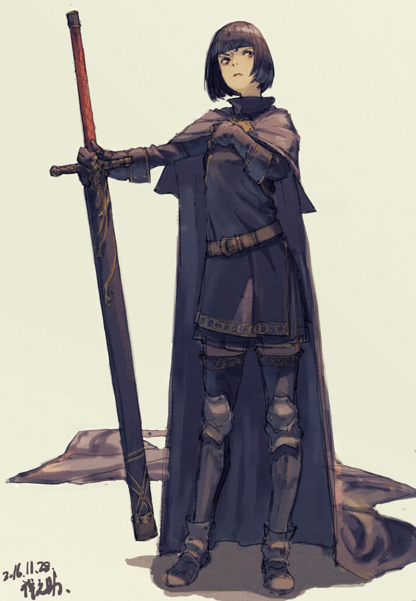 1girl, absurdres, armor, bangs, belt, blue_cape, blue_dress, blue_gloves