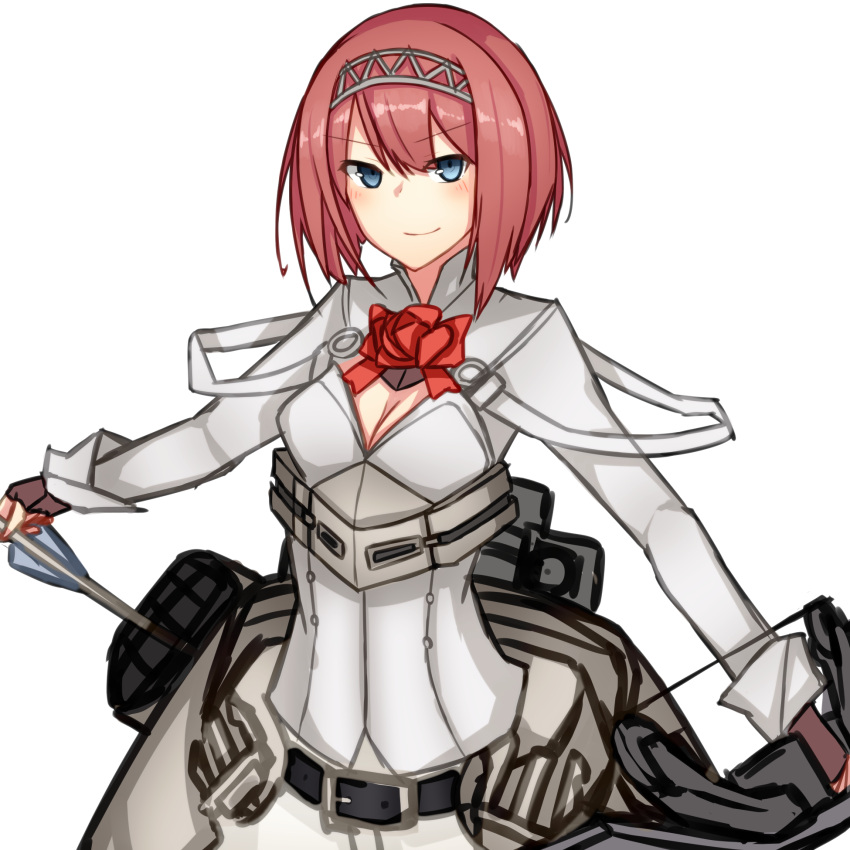 1girl, ark_royal_(kantai_collection), arrow, bangs, belt, blue_eyes, blunt_bangs, bob_cut