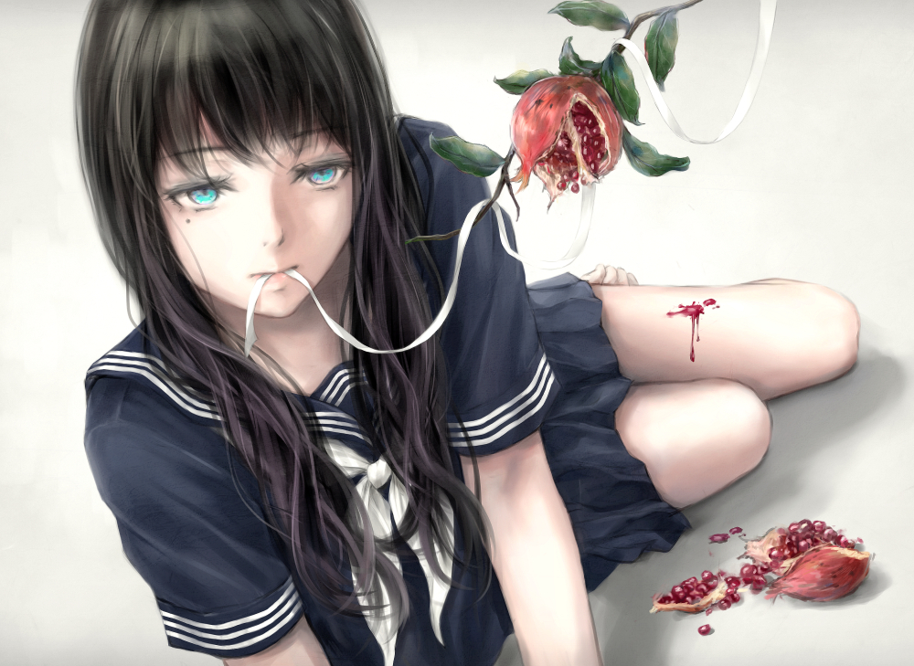 1girl, aqua_eyes, bandage, bangs, barefoot, black_hair, black_serafuku, black_shirt