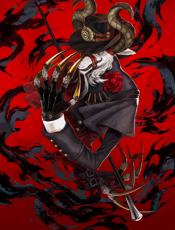 1boy, blue_jacket, blue_robe, claws, commentary_request, fingernails, flower, goat