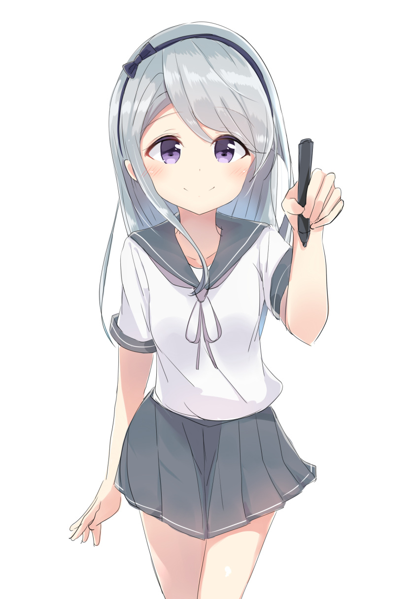 1girl, asymmetrical_bangs, bangs, blue_bow, blue_hairband, bow, commentary, eromanga_sensei, grey_sailor_collar, grey_skirt, hairband, highres, kantai_collection, long_hair, look-alike, looking_at_viewer, namesake, pleated_skirt, sagiri_(kantai_collection), school_uniform, serafuku, short_sleeves, silver_hair, simple_background, skirt, smile, solo, stylus, swept_bangs, tachibana_(x_quick), violet_eyes, white_background