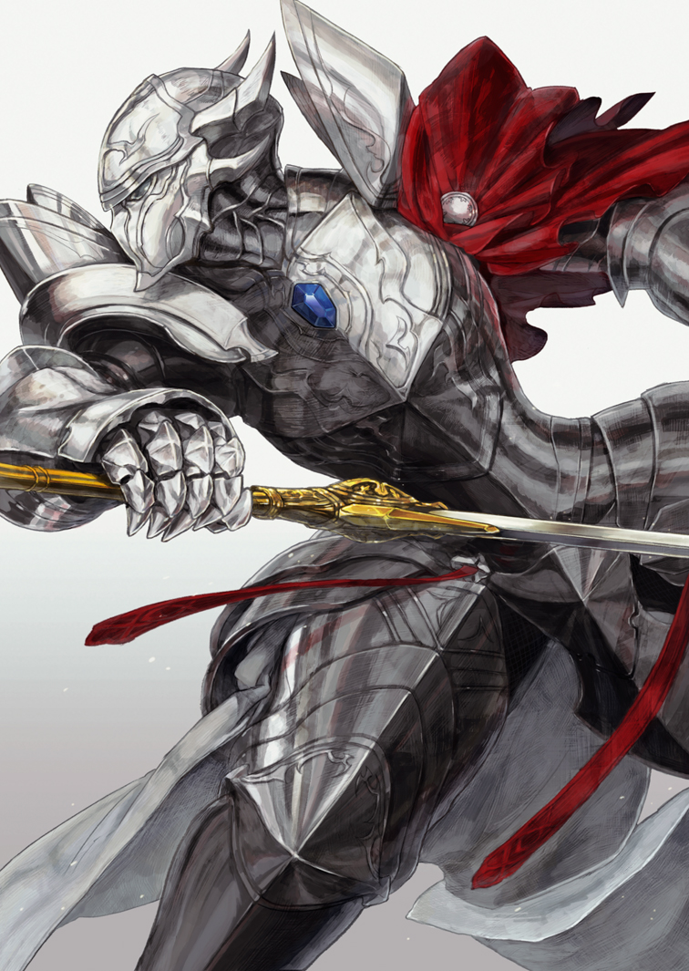 1boy, armor, attack, cape, fantasy, from_side, full_armor, gauntlets, gem, gradient, gradient_background, grey_background, helmet, holding, holding_sword, holding_weapon, horned_helmet, horocca, overlord_(maruyama), pauldrons, plate_armor, profile, red_cape, solo, sword, touch_me, warrior, weapon