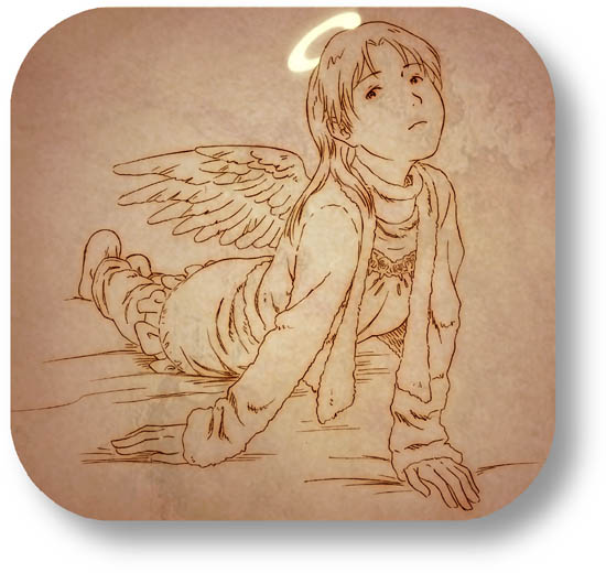 angel, angel_wings, brown, coat, haibane_renmei, halo, lying, monochrome