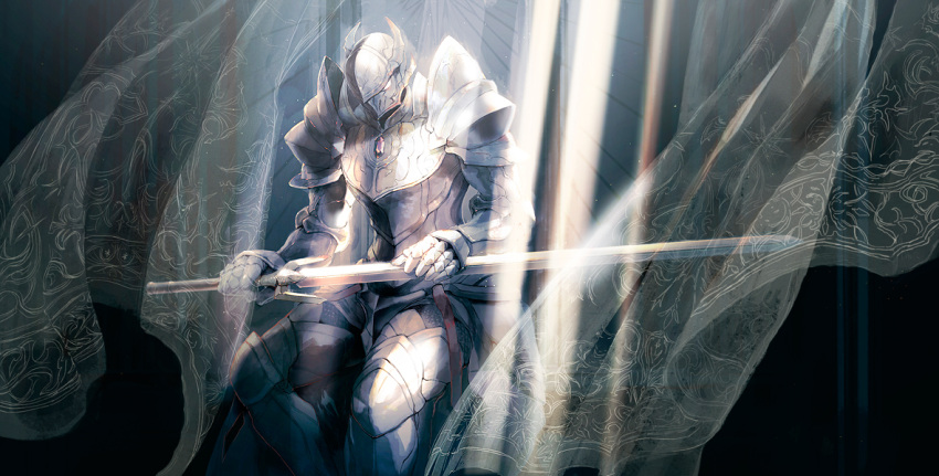 1boy, armor, commentary_request, curtains, fantasy, full_armor, gauntlets, gem