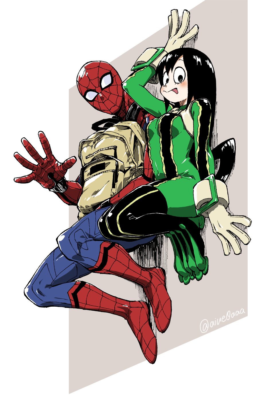 1boy, 1girl, against_wall, aiue0, asui_tsuyu, bag, black_eyes, black_hair
