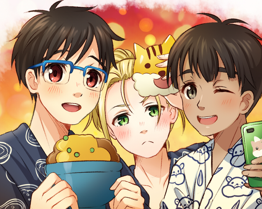 3boys, :d, ;d, black_hair, blonde_hair, blue-framed_eyewear, brown_eyes, cellphone