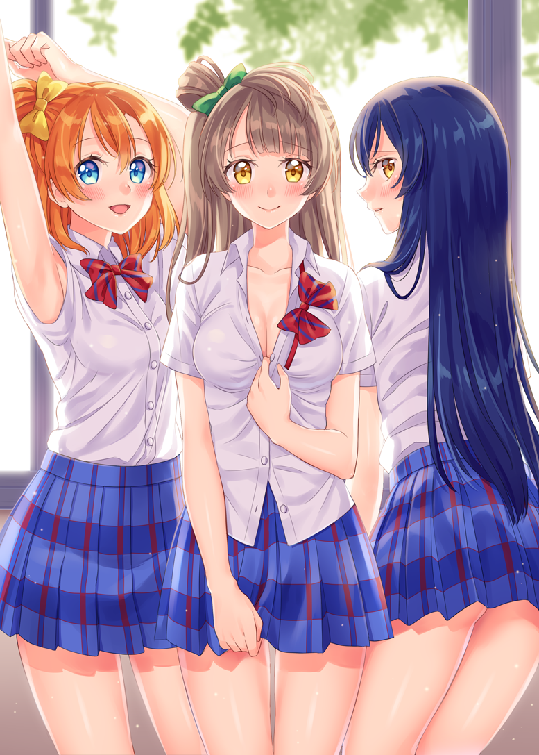 3girls, armpits, arms_up, ass, bangs, blue_eyes, blue_hair, blue_skirt, blush, bow, bowtie, breasts, cleavage, collarbone, cowboy_shot, green_ribbon, grey_hair, hair_between_eyes, hair_bow, hoshisakura_(starblossom), kousaka_honoka, long_hair, looking_at_viewer, love_live!, love_live!_school_idol_project, love_live!_sunshine!!, minami_kotori, multiple_girls, one_side_up, open_mouth, orange_hair, otonokizaka_school_uniform, plaid, plaid_skirt, red_ribbon, ribbon, shirt, short_hair, skirt, smile, sonoda_umi, striped, striped_bow, striped_bowtie, stripped, white_shirt, yellow_eyes, yellow_ribbon