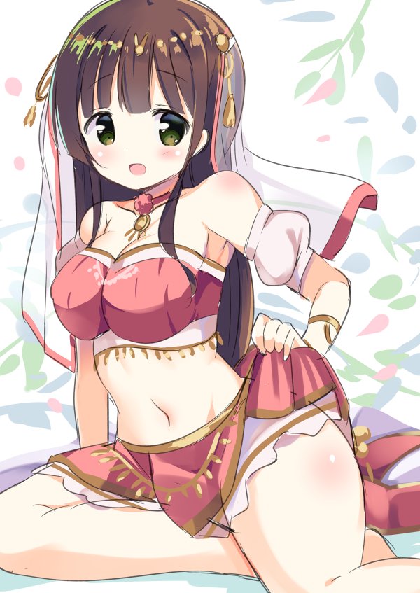 1girl, alternate_costume, arabian_clothes, bangs, blush, breasts, brown_hair, cleavage
