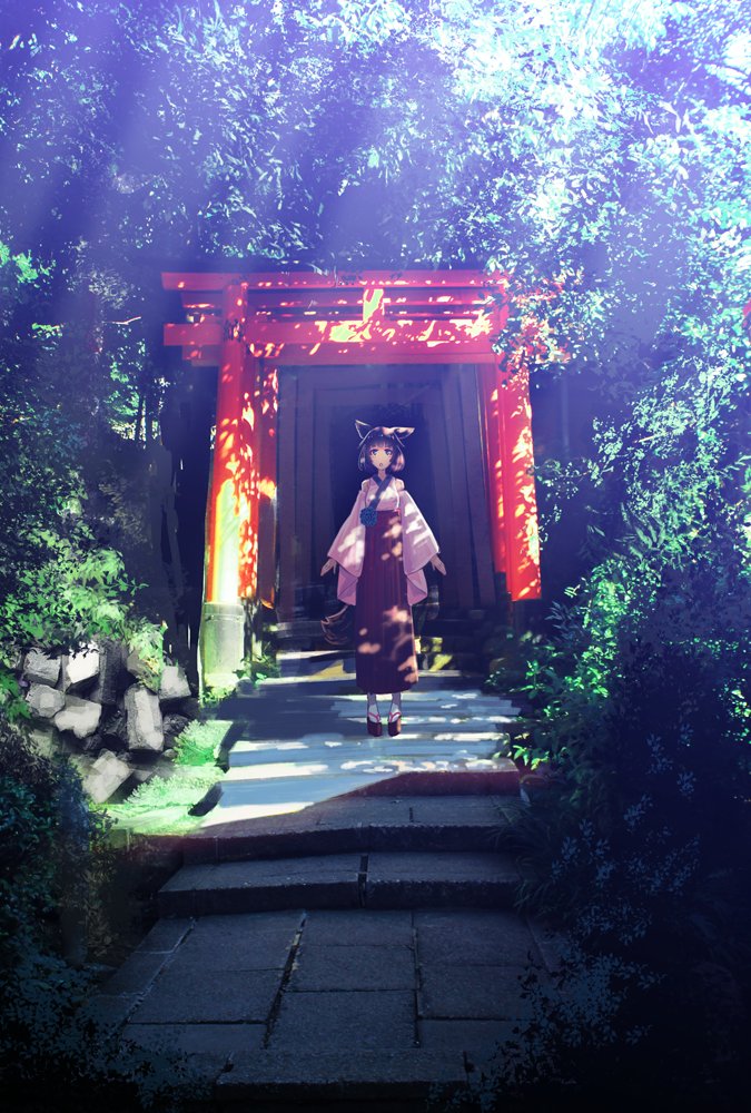 1girl, animal_ears, bangs, bow, brown_hair, commentary_request, day, facing_away, hair_bow, japanese_clothes, light_rays, long_hair, long_sleeves, nature, open_mouth, original, outdoors, scenery, shade, solo, stairs, standing, sunlight, tail, torii, tree, zennmai_siki