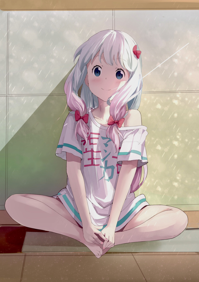 1girl, absurdres, barefoot, blue_eyes, bow, collarbone, eromanga_sensei, evan_(pixiv7510743)