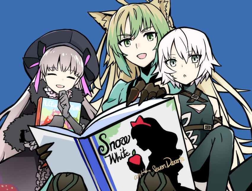 3girls, ahoge, alice_in_wonderland, animal_ears, archer_of_red, assassin_of_black, belt, black_dress