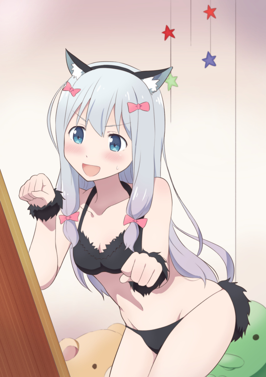 1girl, :d, absurdres, animal_ears, black_bra, black_hairband, black_panties, blue_eyes