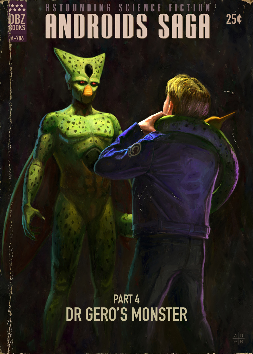 1boy, asphyxiation, astor_alexander, blonde_hair, blue_jacket, blue_pants, cell_(dragon_ball), commentary