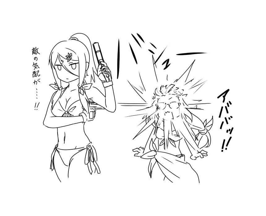 2girls, ahagon_umiko, bikini, flower, glasses, gun, hair_flower, hair_ornament