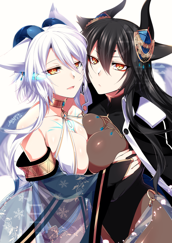 2girls, animal_ears, bangs, black_dress, black_gloves, black_hair, breast_press, breasts
