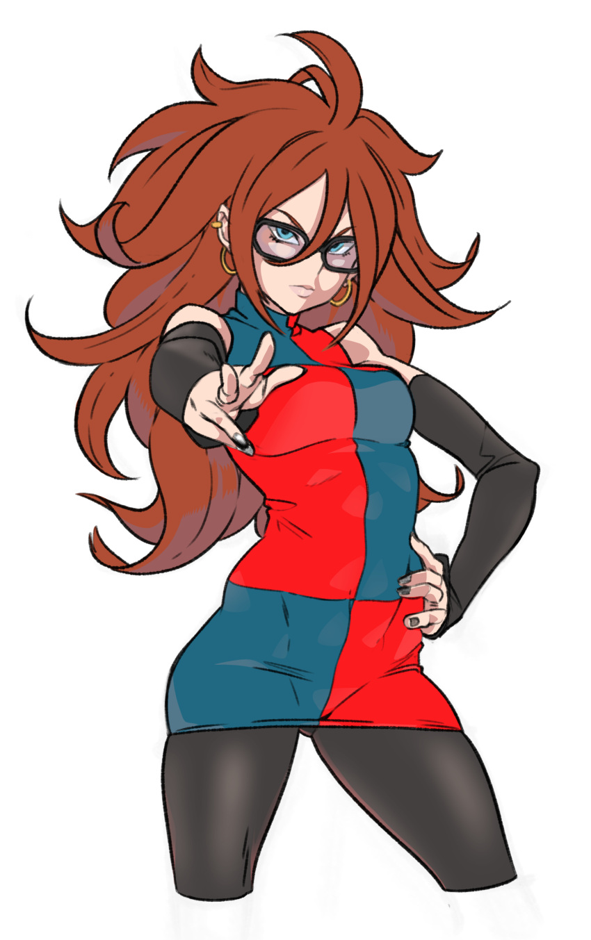 1girl, absurdres, android_21, arm_warmers, bare_shoulders, black-framed_eyewear, black_legwear, blue_eyes, breasts, brown_hair, covered_navel, dragon_ball, dragon_ball_fighterz, dress, earrings, glasses, guido_(sucurapu), hand_on_hip, highres, hoop_earrings, jewelry, looking_at_viewer, medium_breasts, multicolored, multicolored_clothes, multicolored_dress, nail_polish, pantyhose, sleeveless, sleeveless_dress, solo, turtleneck_dress