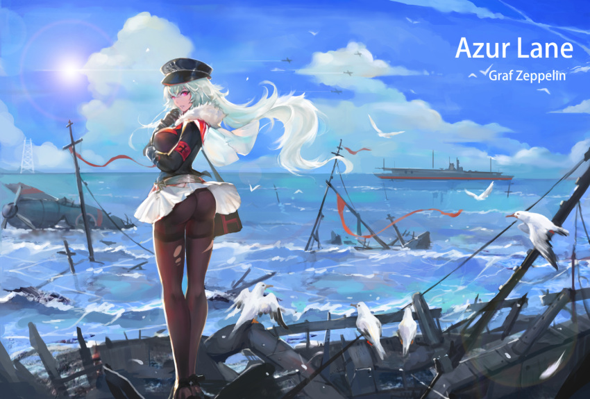 1girl, aircraft, airplane, ass, bilan_hangxian, bird, black_legwear, character_name