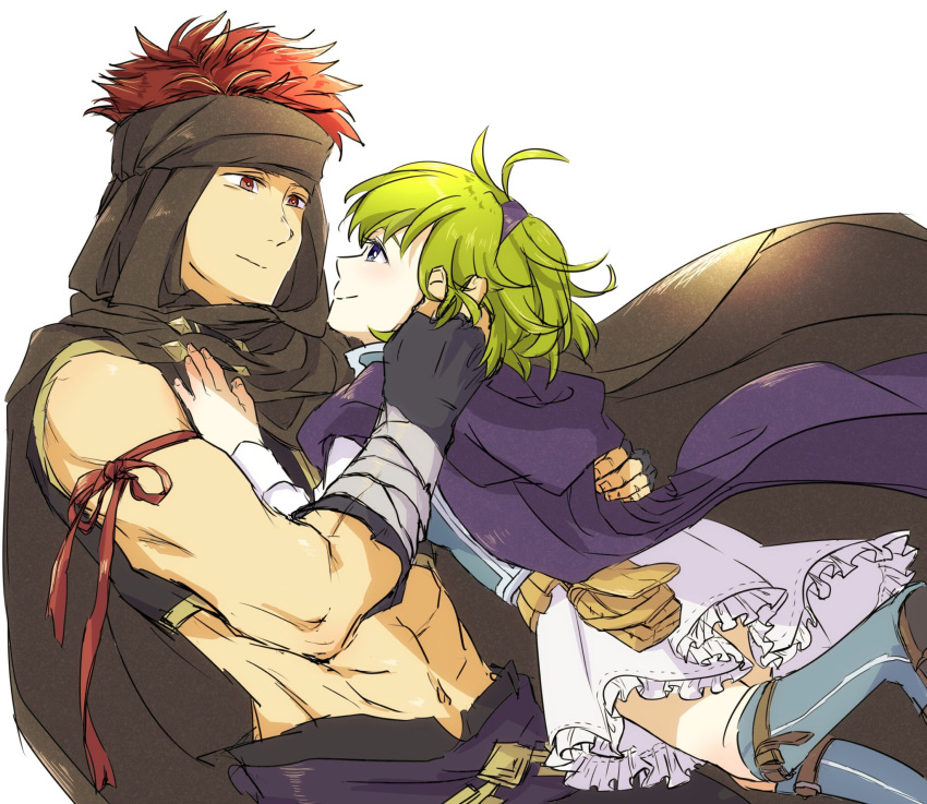 1boy, 1girl, bandage, blue_eyes, cape, couple, fire_emblem, fire_emblem:_rekka_no_ken