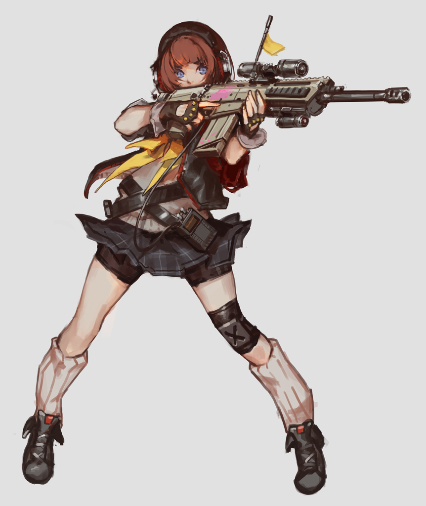 1girl, aiming, assault_rifle, bike_shorts, boots, fingerless_gloves, full_body, gloves